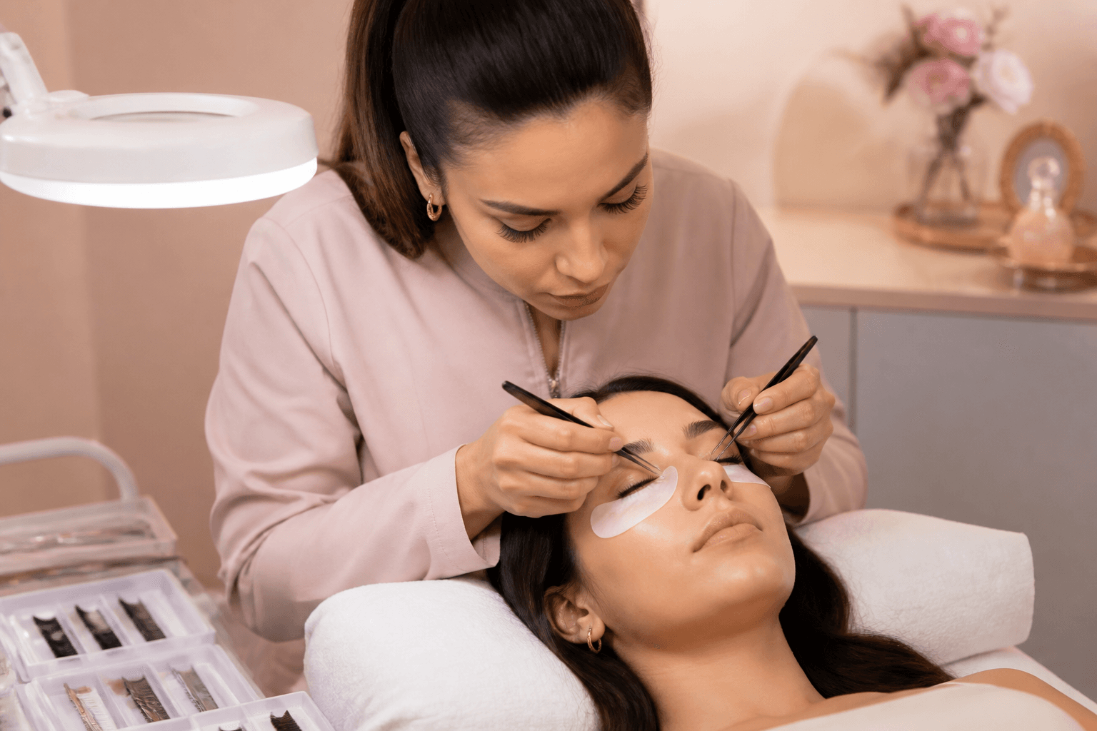 Lash designer aplicando extensão de cílios