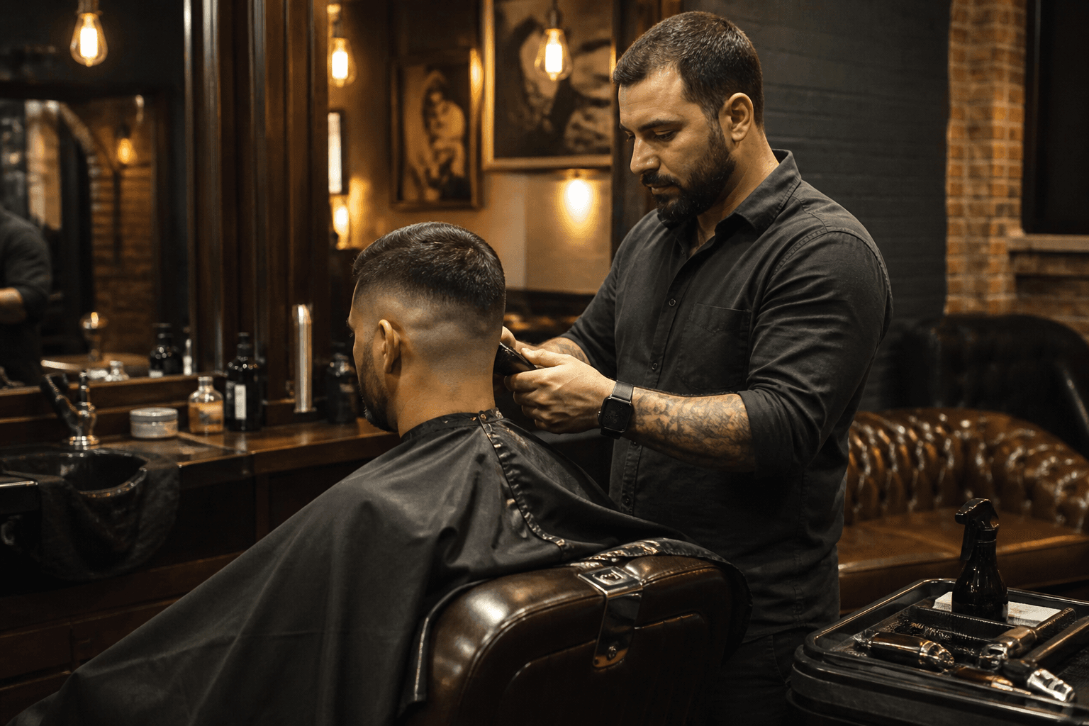 Barbeiro finalizando um corte na cadeira