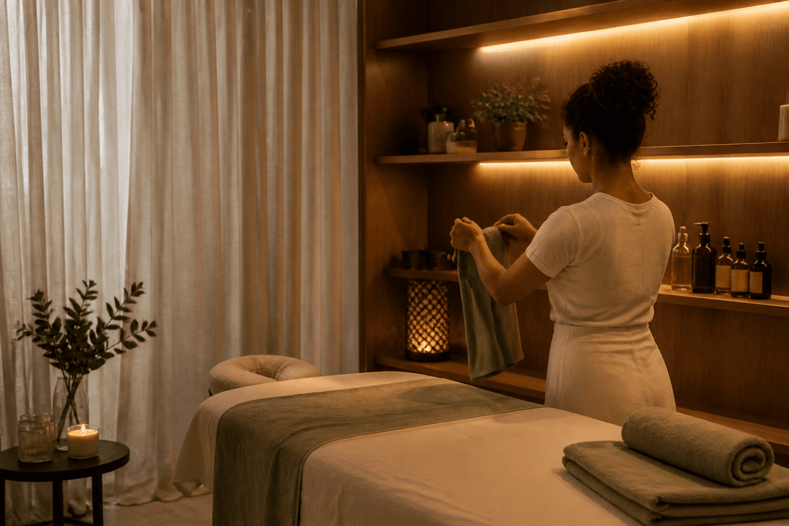Sala de massagem preparada para a próxima sessão