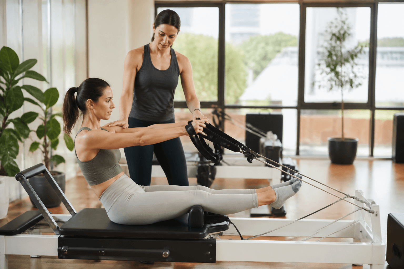 Estúdio de pilates com aparelhos organizados